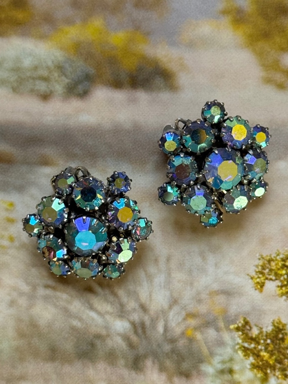 VINTAGE AB Rhinestone Floral Cluster Clip Earrings Iridescent MCM